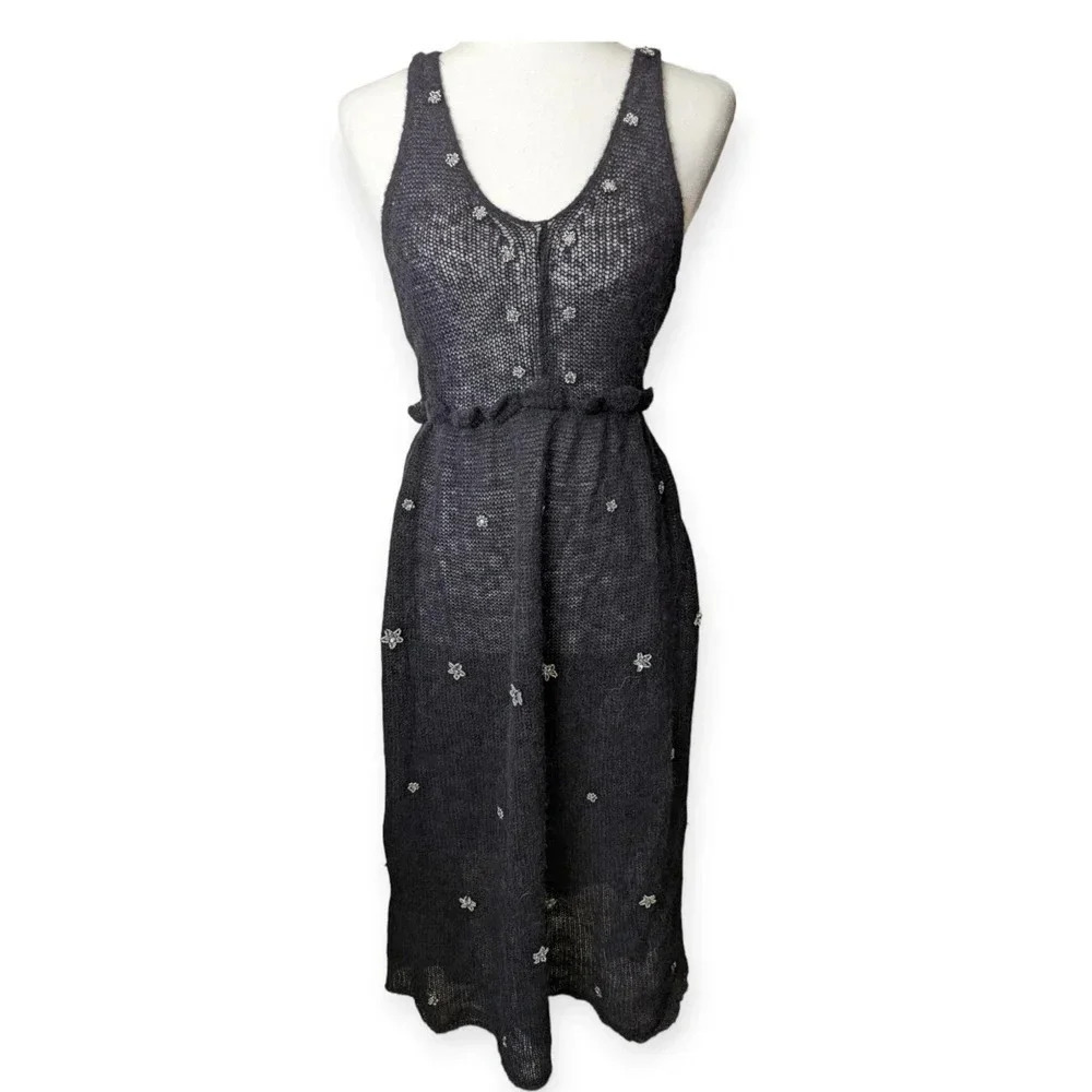 Zara Black Midi Dress Rhinestone Embellishment Wool